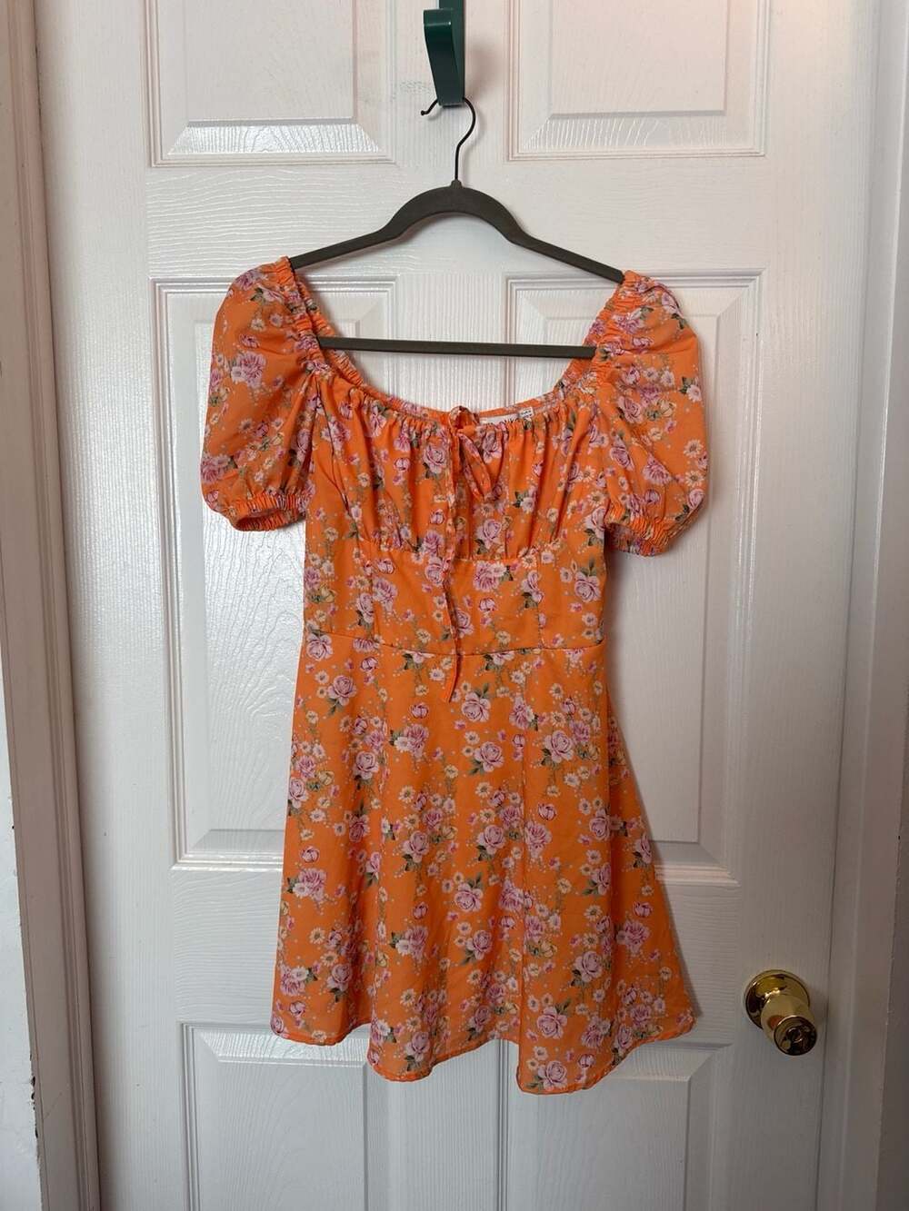 Etika Fashion Orange Floral Puff Sleeve Dress Size M